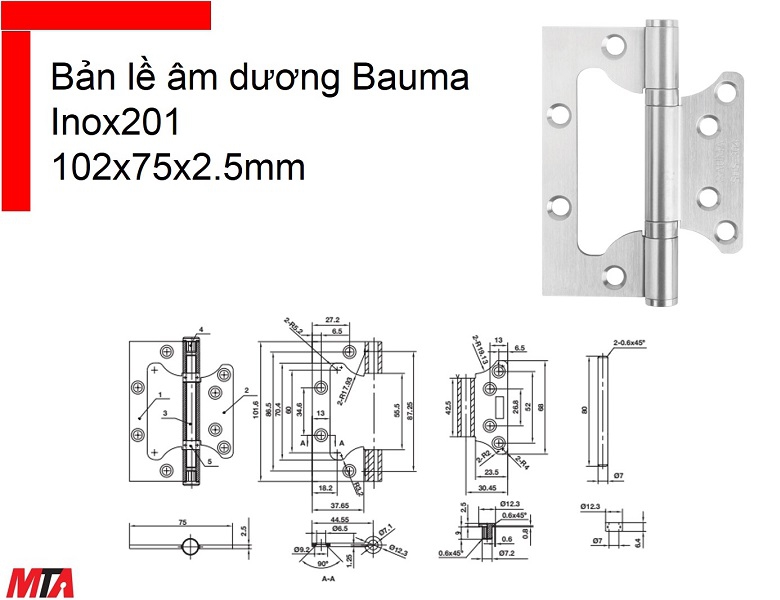Bản lề âm dương Bauma Hafele 926.20.354 loại 102x75x2.5 mm inox201