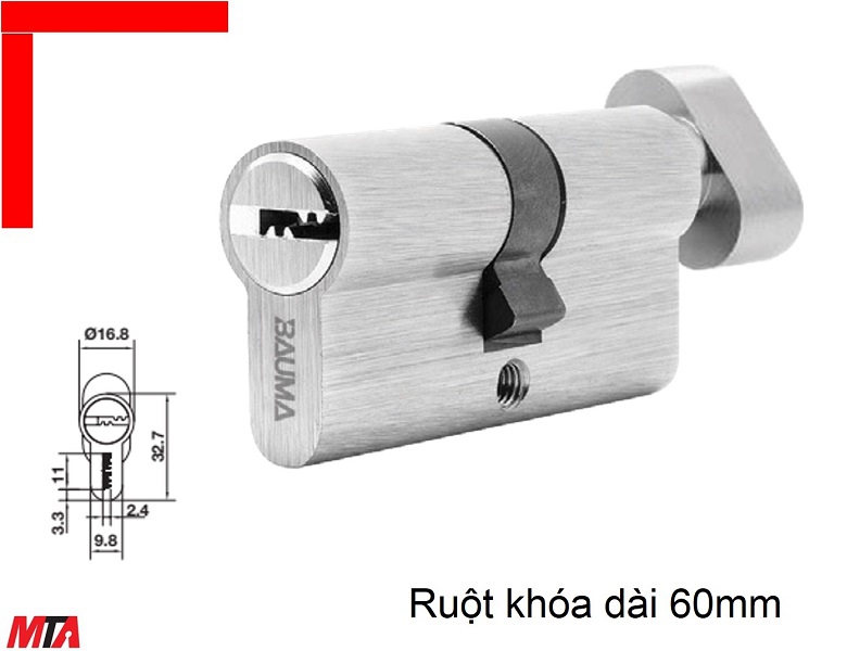 Khóa cửa Bauma Hafele 916.87.822 ruột khóa đầu vặn đầu chìa dài 60mm