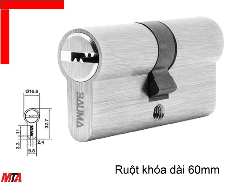 Khóa cửa Bauma Hafele 916.87.824 ruột khóa đầu 2 đầu chìa dài 60mm