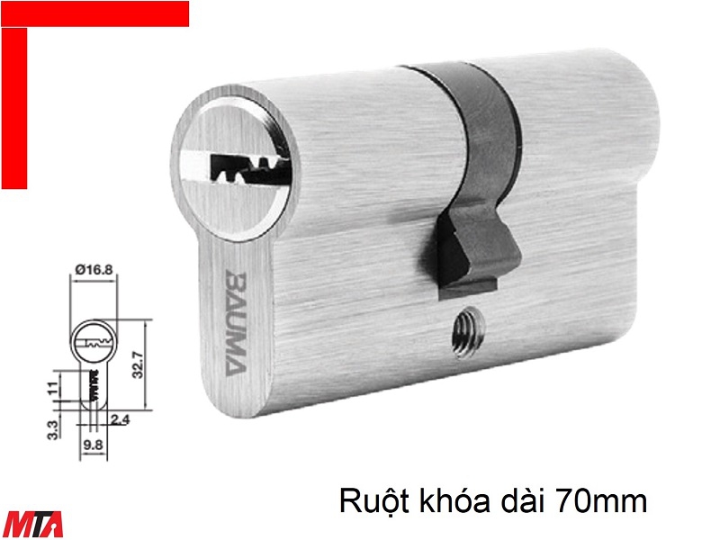 Khóa cửa Bauma Hafele 916.87.825 ruột khóa đầu 2 đầu chìa dài 70mm