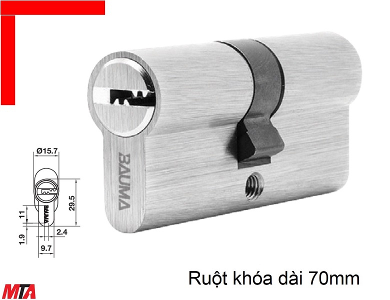 Khóa cửa Bauma Hafele 916.87.827 ruột khóa đầu 2 đầu chìa dài 70mm