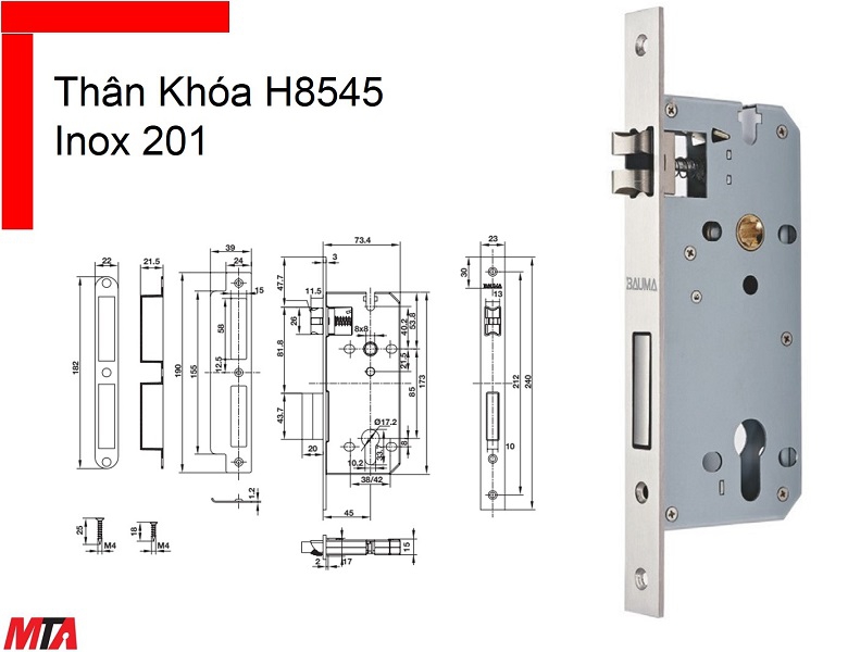 Khóa cửa Bauma Hafele thân khóa H8545 911.25.564 inox201