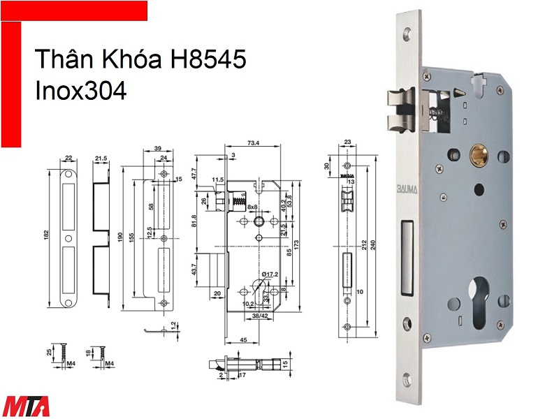 Khóa cửa Bauma Hafele thân khóa H8545 911.25.565 inox 304