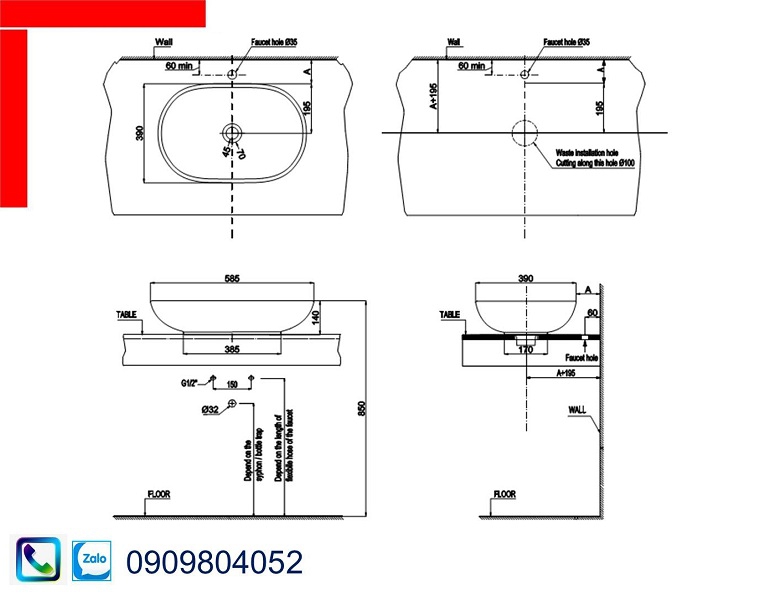 Bồn rửa mặt Lavabo Hafele Saporo 588.79.030 chậu sứ đặt bàn