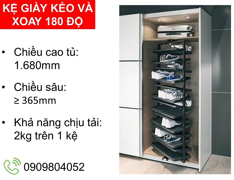 Kệ giày kéo và xoay 180 độ Hafele 806.22.401 C.1680mm màu đen
