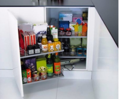 Phụ kiện tủ bếp bộ rổ kéo góc Magic Corner 2 tầng , rổ lưới mở trái 546.17.305