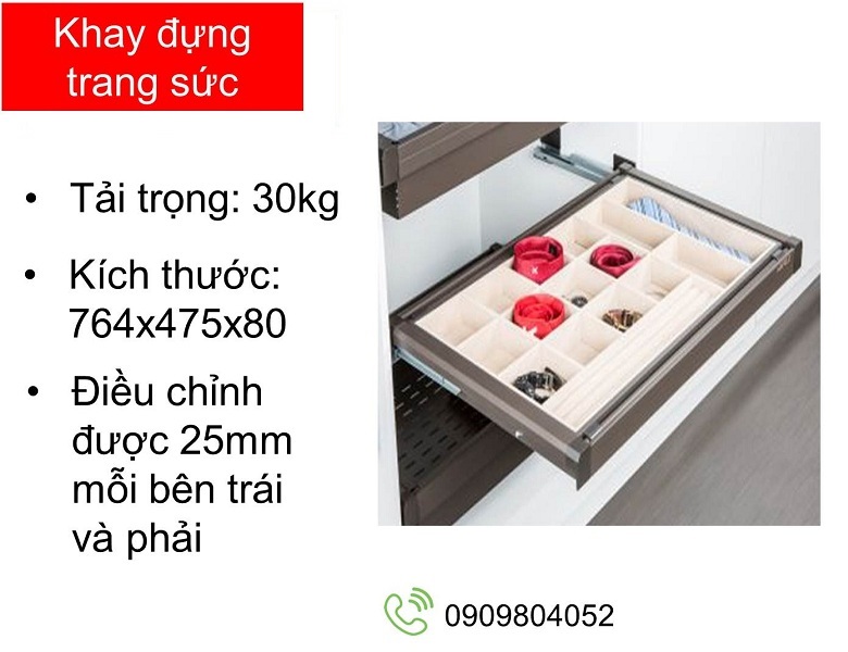 Khay dựng trang sức Hafele 807.95.101 cho tủ rộng 600mm màu chestnut