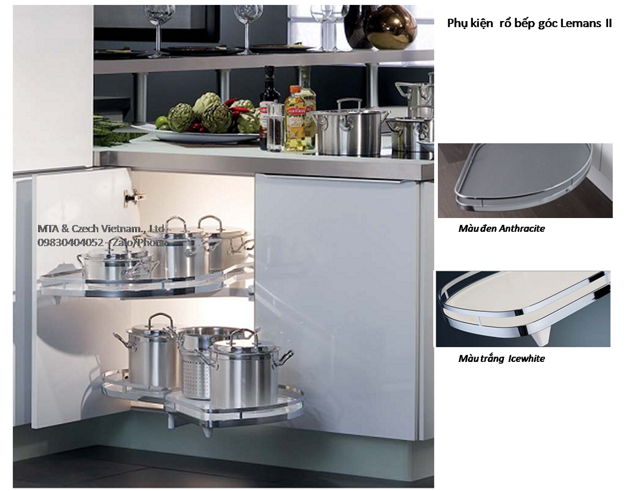 Phụ kiện tủ bếp rổ kéo góc LeMans II 4 khay màu đen mở phải 541.29.482