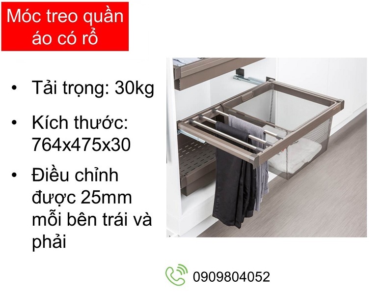 Móc treo quần áo có rổ Hafele MSP 807.95.831 cho tủ rộng 800mm màu trắng