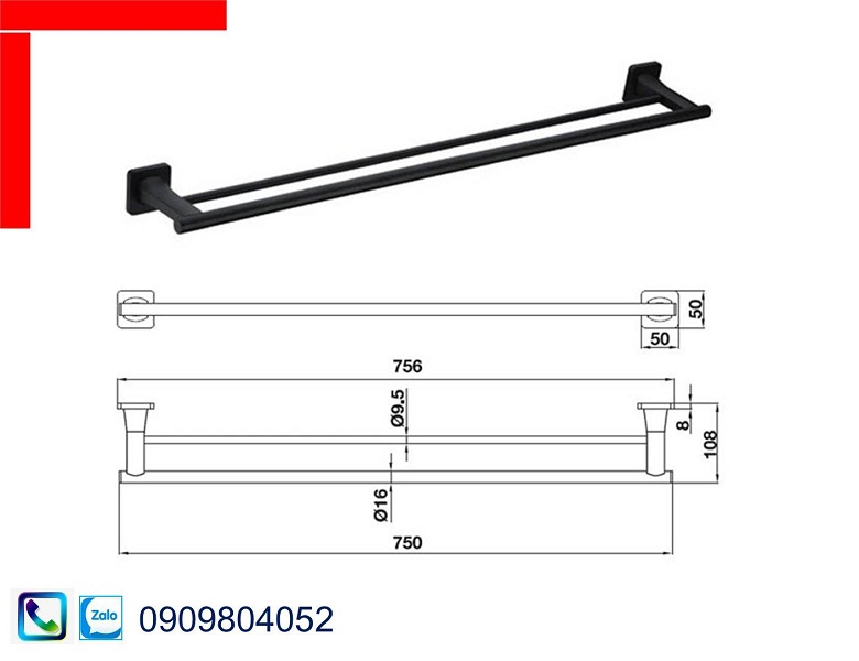 Phụ kiện nhà tắm Hafele Mysterious 580.41.512 thanh treo khăn đôi 750mm màu đen