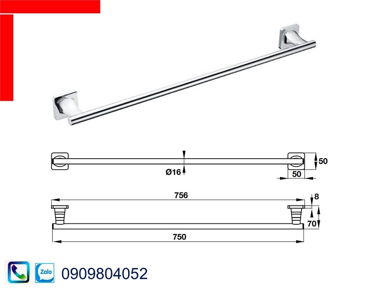 Phụ kiện nhà tắm Hafele Fortune 580.41.411 thanh treo khăn đơn 750mm