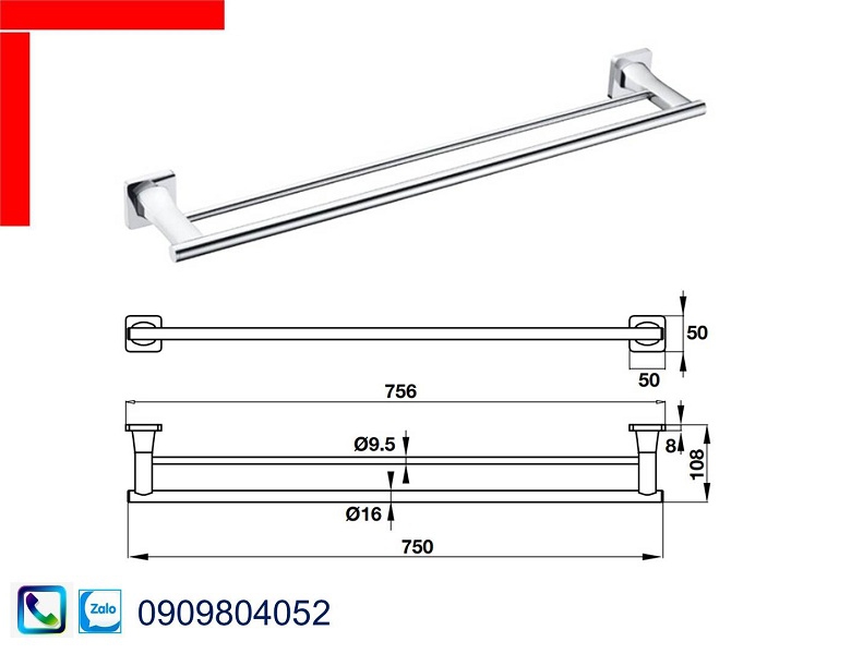 Phụ kiện nhà tắm Hafele Fortune 580.41.412 thanh treo khăn đôi 750mm