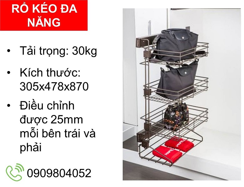 Phụ kiện tủ quần áo Hafele 807.95.181 rổ kéo đa năng mở phải màu chestnut