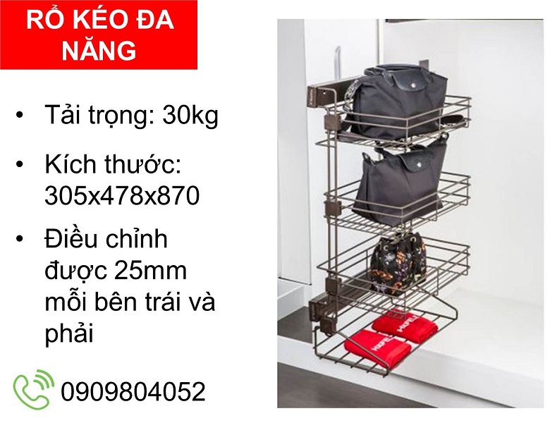 Phụ kiện tủ quần áo Hafele 807.95.880 rổ kéo đa năng mở trái màu trắng