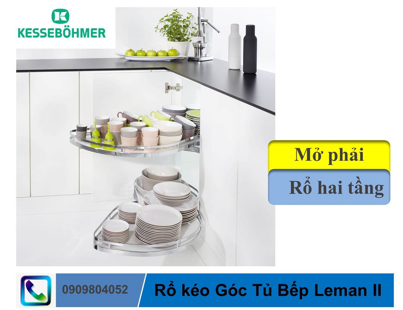 phụ kiện tủ bếp bộ rổ kéo góc LeMans II 4 khay màu trắng mở phải 541.32.672