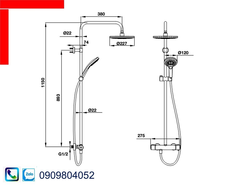 Thanh sen tắm kết hợp có bộ trộn điều nhiệt Intensity 227R Hafele 495.60.101