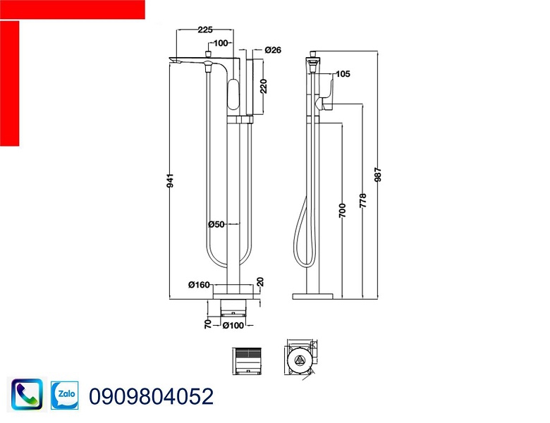 Vòi Lavabo Hafele 589.15.120 bộ trộn bồn tắm đặt sàn Kobe