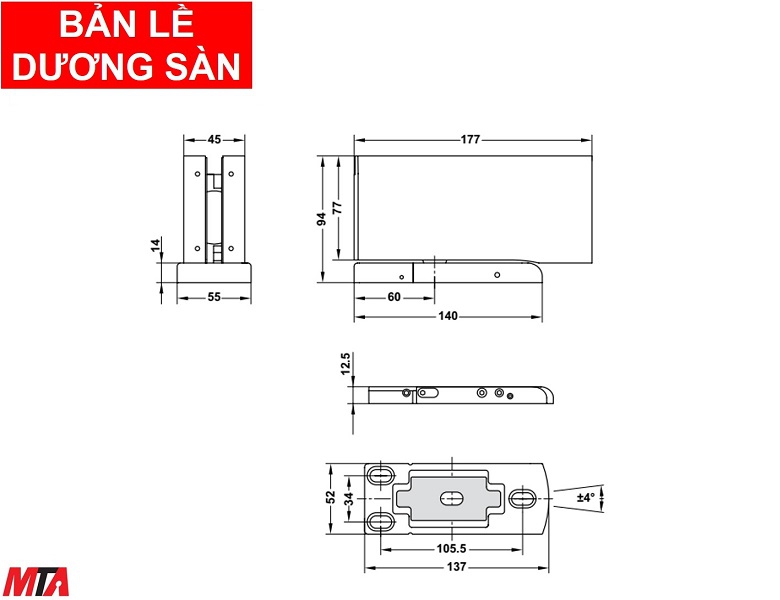 Bản lề dương sàn hafele HPF 981.78.902 tải trọng cửa 100kg.
