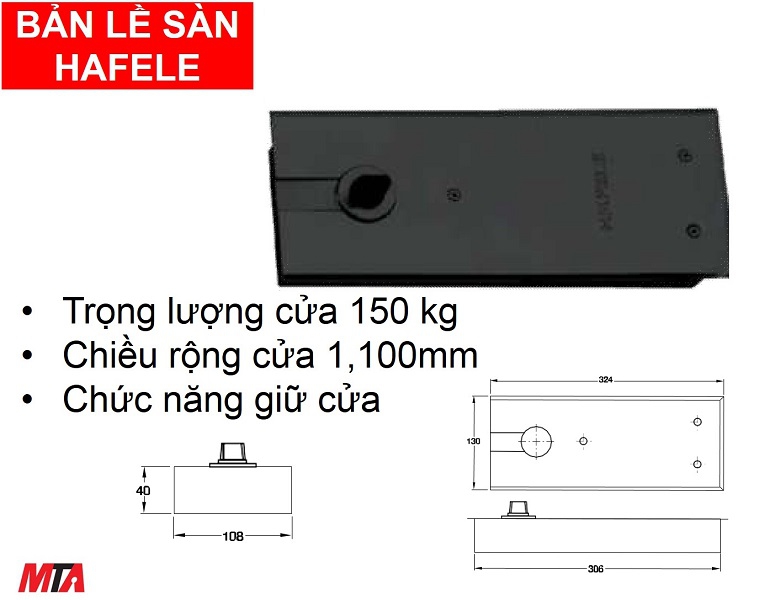 Bản lề sàn hafele 932.84.046 màu đen dòng DCL 41 giữ cửa EN4 tải trọng 150kg