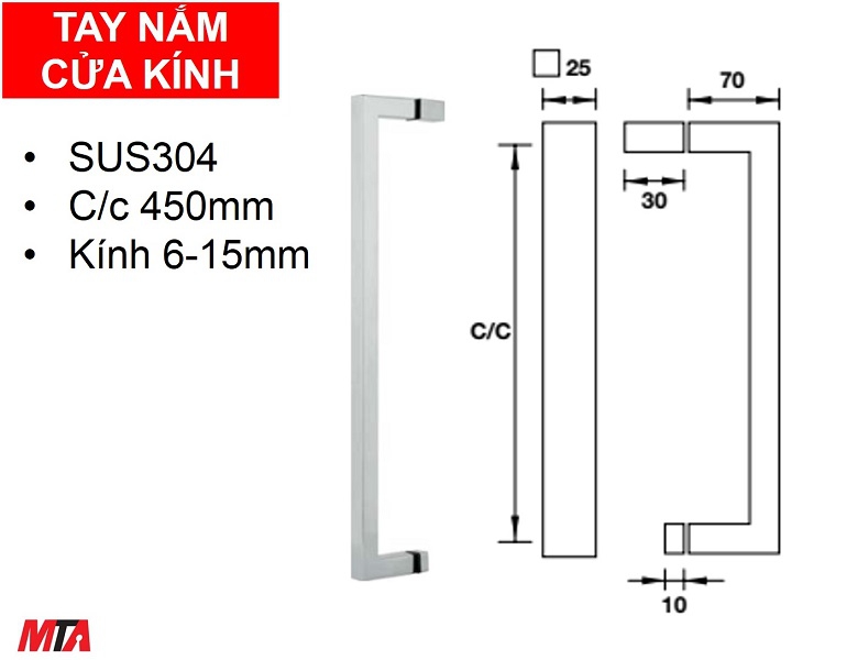 Tay nắm cửa kính Hafele 903.04.161 màu inox bóng dài 450mm
