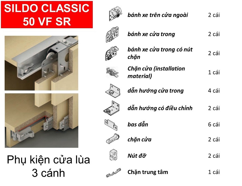 Phụ kiện cửa lùa tủ áo Hafele 400.51.122 cửa 3 cánh trùm ngoài 50kg gỗ dày 18-22mm