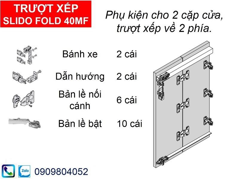 Phụ kiện cửa lùa xếp tủ áo Hafele 409.61.000 cho 2 cặp cửa nặng 40kg mỗi 2 cánh