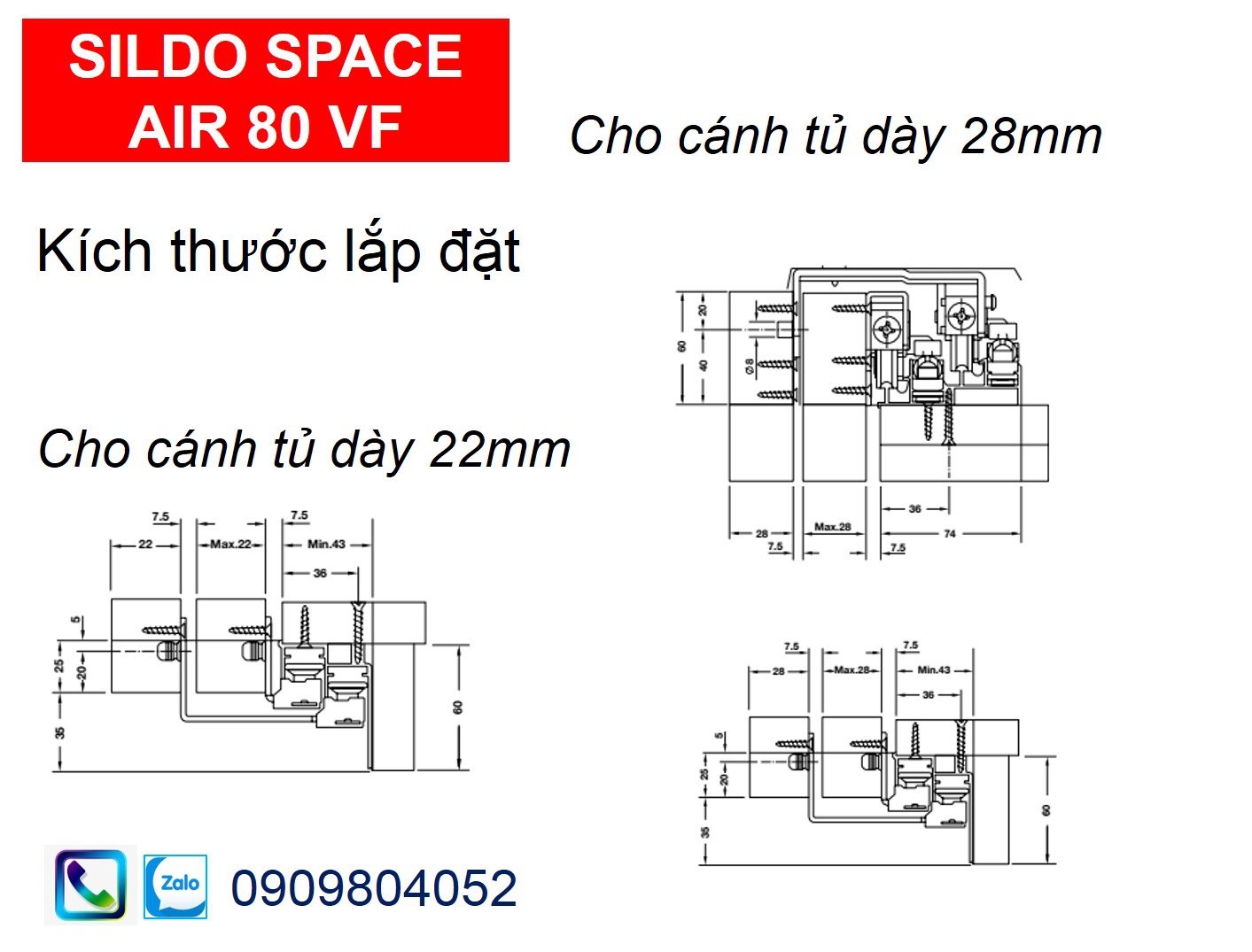 Phụ kiện cửa lùa tủ áo Hafele 406.78.037 cửa 3 cánh trùm ngoài 80kg gỗ dày 22mm