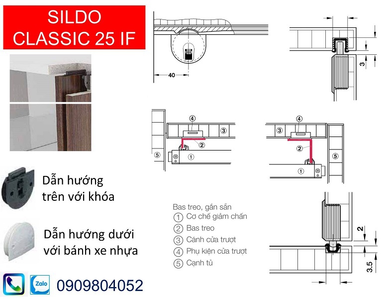 Phụ kiện cửa lùa tủ áo Hafele 494.00.120 cửa 2 cánh lọt lòng nặng 25kg một cánh