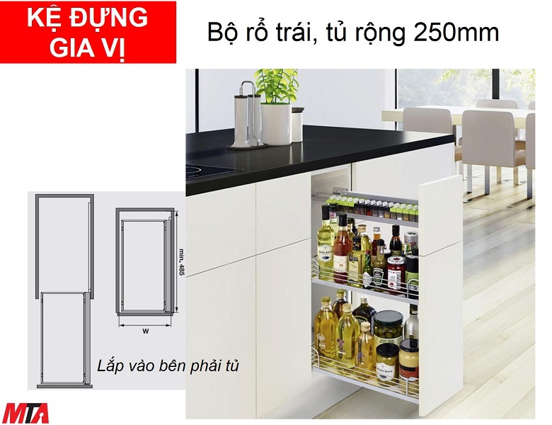 Kệ gia vị hafele 545.53.001 bộ rổ trái 2 khay tủ rộng 250mm