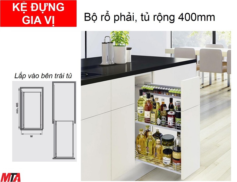 Kệ gia vị hafele 545.53.008 bộ rổ phải 2 khay tủ rộng 400mm