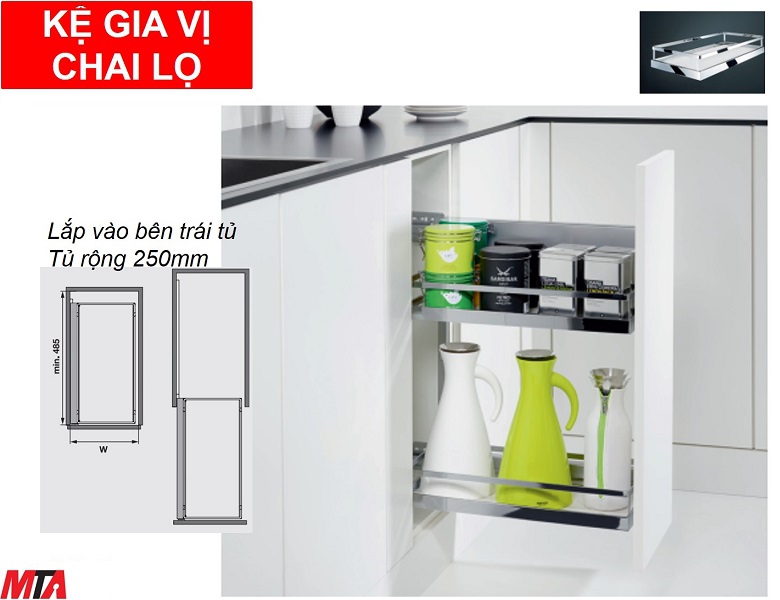 Kệ gia vị hafele 545.53.760 để chai lọ mở phải màu trắng tủ rộng 250mm