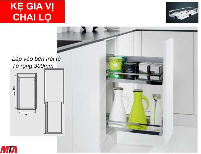 Kệ gia vị hafele 545.53.762 để chai lọ mở phải màu trắng tủ rộng 300mm
