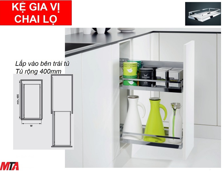 Kệ gia vị hafele 545.53.764 để chai lọ mở phải màu trắng tủ rộng 400mm