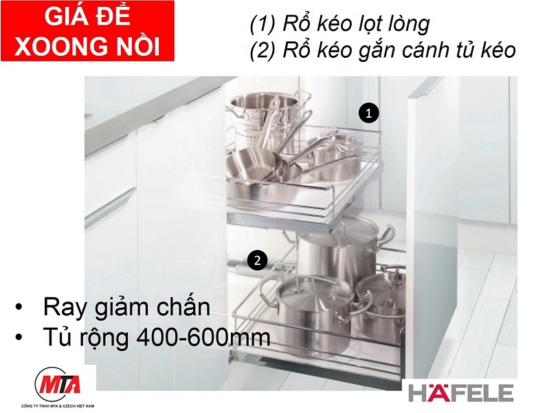Giá để xoong nồi hafele 540.26.655 rổ kéo lọt lòng tủ rộng 500mm