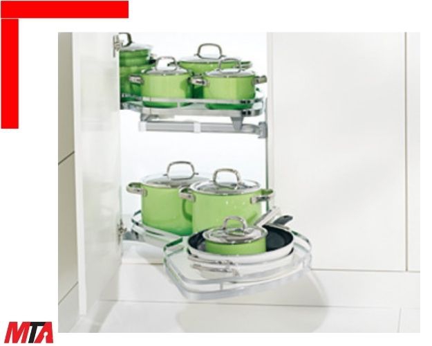 Kệ góc Hafele Kessebohmer Leman II 541.32.670 – 2 khay Chrome – Phiên bản xoay phải cho cánh tủ 450 mm