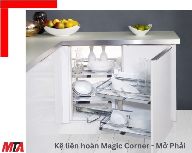 Kệ góc Hafele Kesseböhmer Magic Corner 546.17.005 – Rổ Ice White sáng - Mở Phải -Cánh tủ rộng 450mm