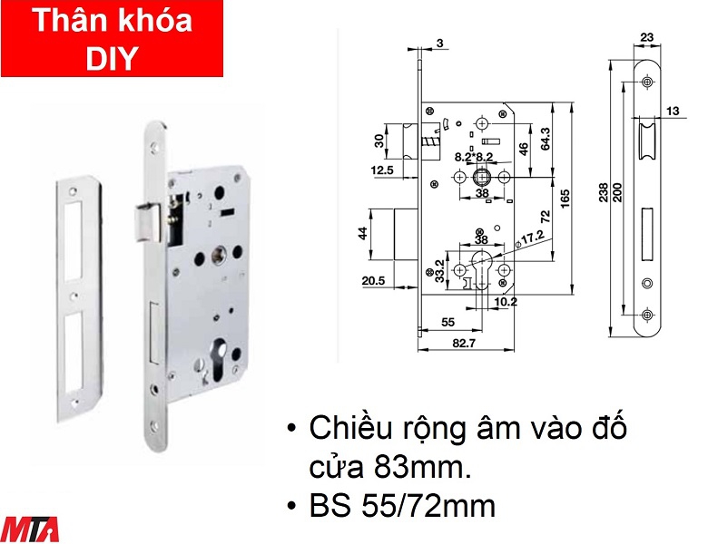 Khóa cửa hafele 489.10.560 thân khóa DIY lưỡi gà chốt chết BS55/72mm
