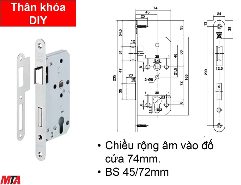 Khóa cửa hafele 489.10.561 thân khóa DIY lưỡi gà chốt chết BS45/72mm