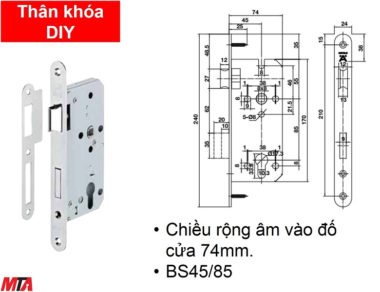Khóa cửa hafele 489.10.562 thân khóa DIY lưỡi gà chốt chết BS45/85mm