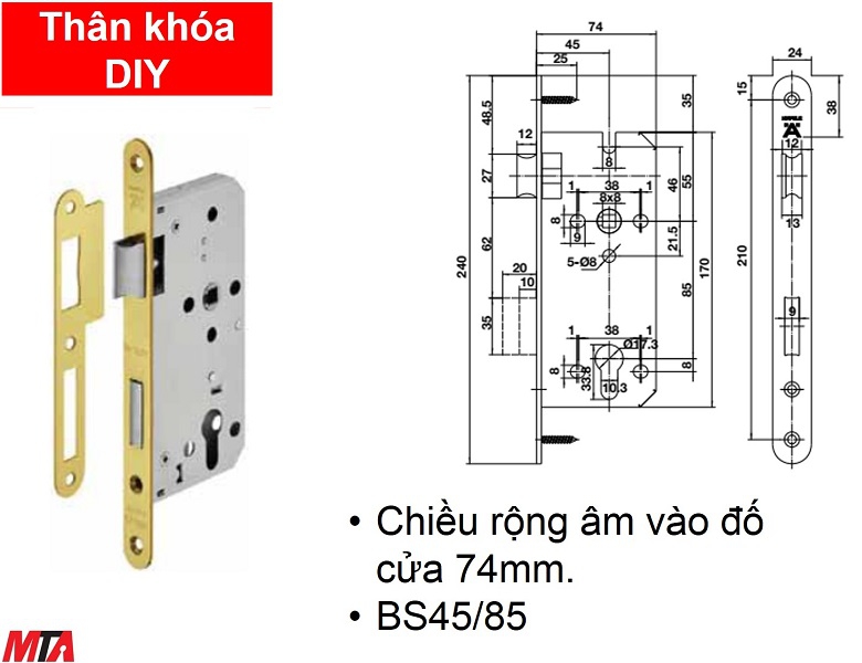 Khóa cửa hafele 489.10.563 thân khóa DIY lưỡi gà chốt chết BS45/85mm