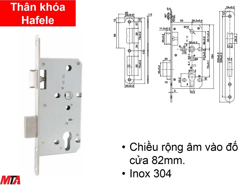 Khóa cửa hafele 911.02.799 thân khóa Inox304 lưỡi gà chốt chết BS55/72mm