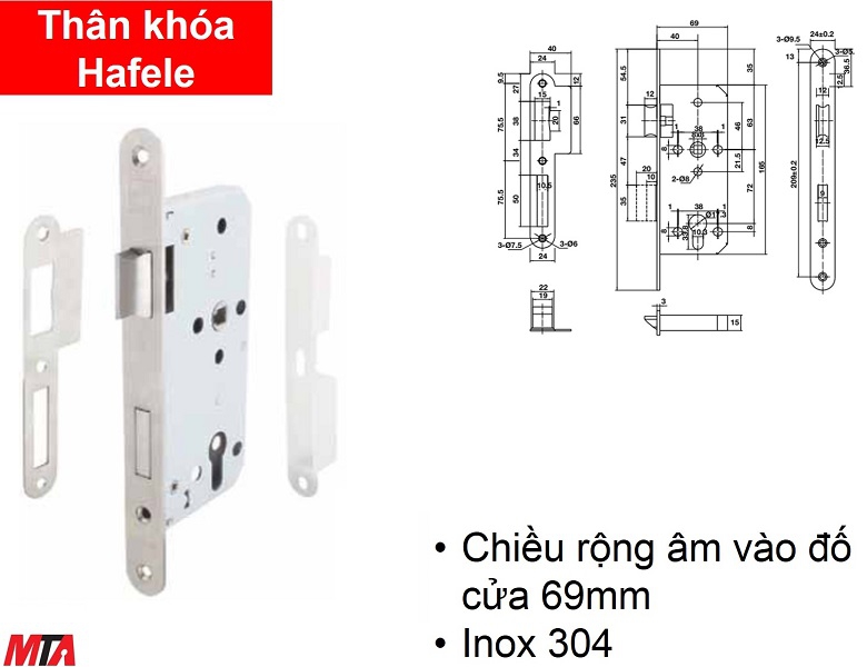 Khóa cửa hafele 911.03.514 thân khóa Inox304 lưỡi gà chốt chết BS40/72mm