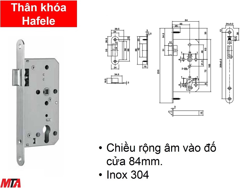 Khóa cửa hafele 911.23.428 thân khóa Inox304 lưỡi gà BS55/72mm