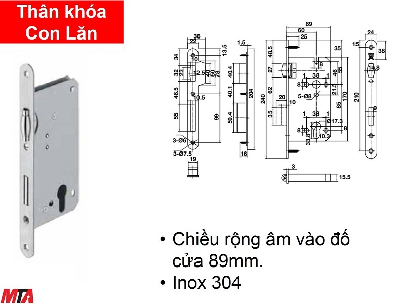 Khóa cửa hafele 911.24.032 thân khóa con lăn inox304 BS60mm