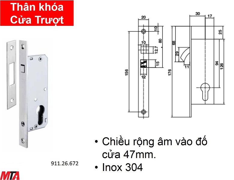 Khóa cửa hafele 911.26.672 thân khóa cửa trượt đố nhỏ Inox304 BS30mm