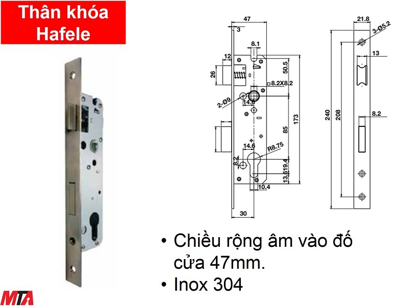 Khóa cửa hafele 911.77.263 thân khóa lưỡi gà chốt chết cửa đố nhỏ
