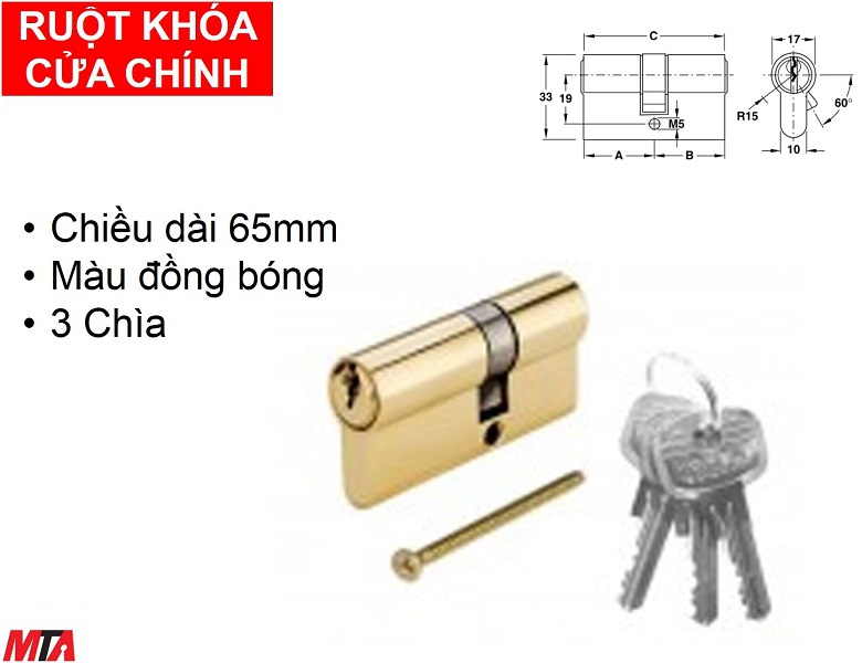 Khóa cửa hafele 916.96.601 ruột khóa 2 đầu chìa dài 65mm màu vàng bóng
