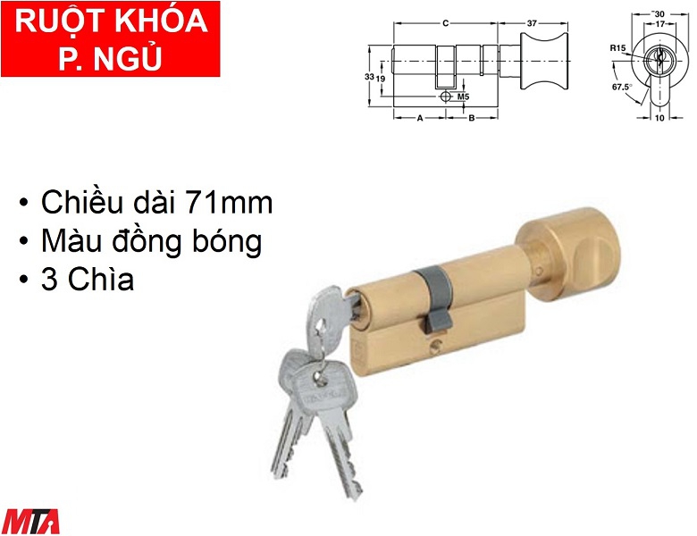 Khóa cửa hafele 916.96.664 ruột khóa vặn chìa dài 71mm màu vàng bóng