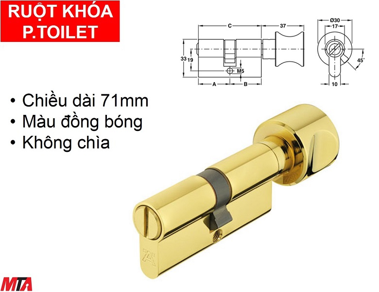 Khóa cửa hafele 916.96.689 ruột khóa phòng toilet 65mm màu vàng bóng