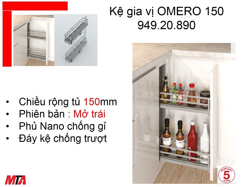 Kệ gia vị Hafele Kosmo 549.20.890 OMERO 150 tủ rộng 150mm mở trái